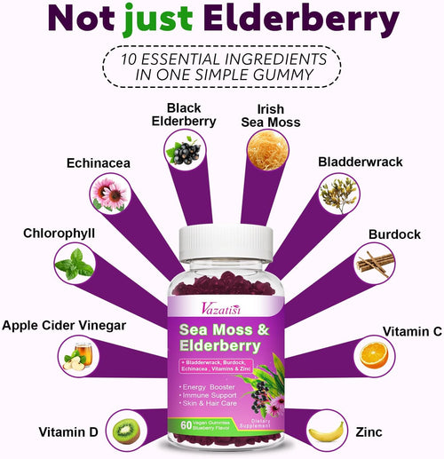 2 Pack Elderberry Gummies with Sea Moss, Extra Strength Elderberry with Vitamin C, Zinc for Immune Support for Adults, Kids, Women & Men, Blueberry Flavor 120Cts