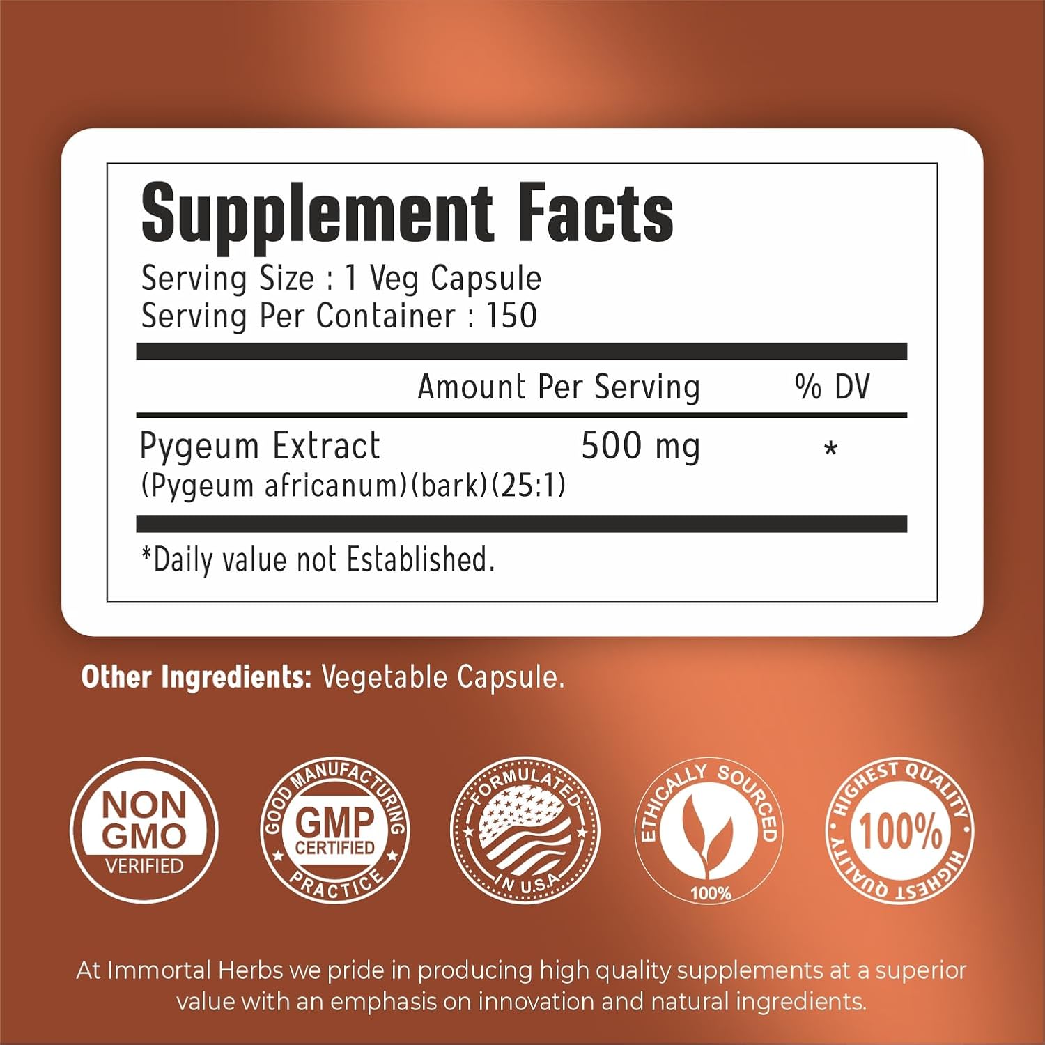 Africanum Pygeum 500mg, 25:1 Extract, 150 Pills, Extra Strength Pygeum Supplement for Men and Women, Non-GMO and Gluten-Free Bark Extract Capsules, 5 Months Supply