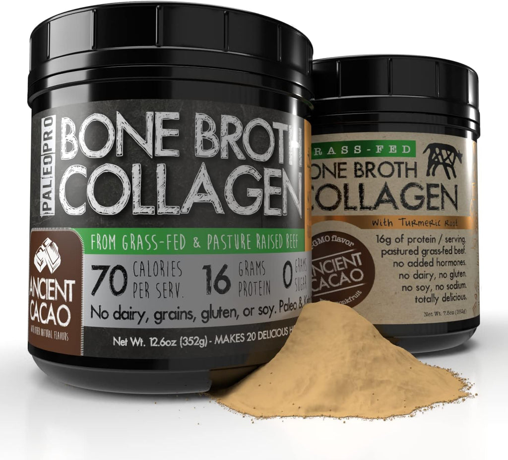 PaleoPro Bone Broth Collagen Protein Powder - Turmeric Root Grass-Fed Collagen Powder for Skin & Bones - Gluten Free, No Sugar, Soy, Grains, Net Carbs - Paleo & Keto Friendly 20 Servings Ancient Cacao