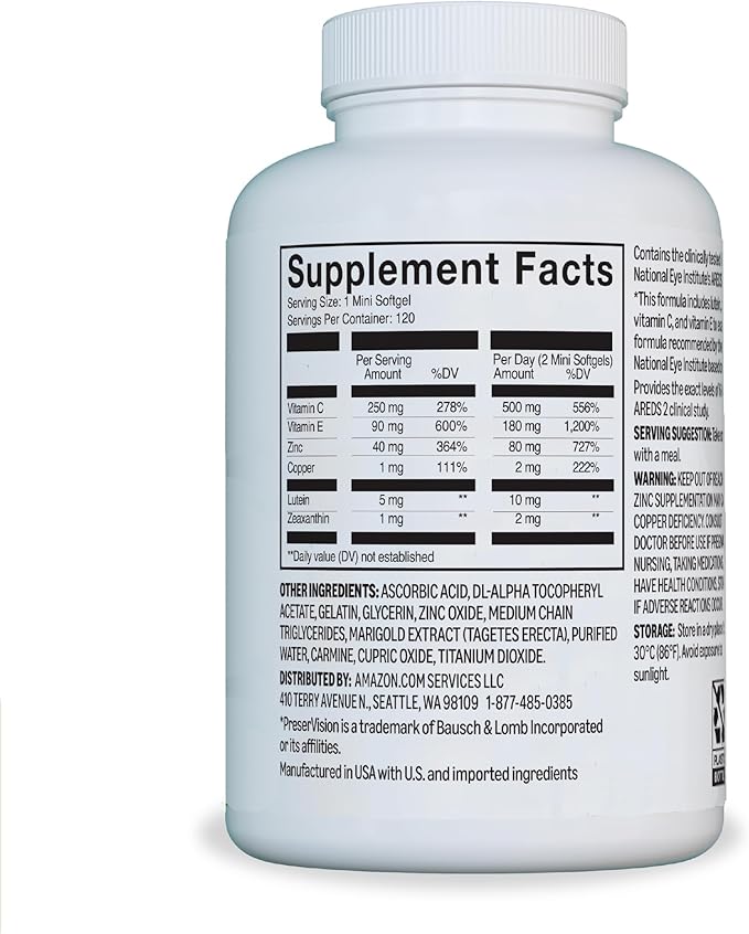 Amazon Basics Eye Vitamin and Mineral Supplement, AREDS 2 Formula with Lutein & Zeaxanthin, 120 Softgels