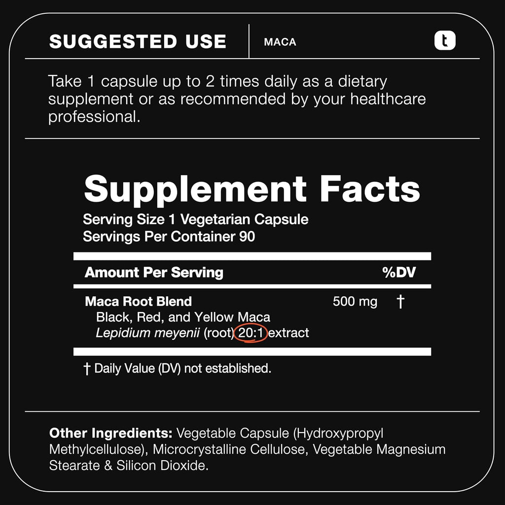Maca Root - Ultra High Potency 20:1 Extract - Black, Red and Yellow Maca Complex - Single Origin, Wildcrafted & Highly Concentrated - Third-Party Lab Tested - 90 Capsules