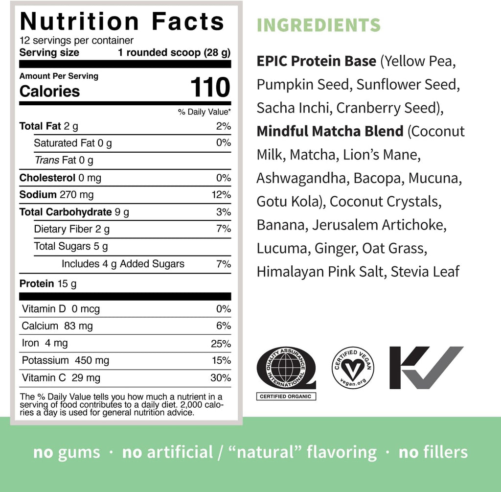 Sprout Living Epic Protein, Plant Based Protein & Superfoods Powder, Mindful Matcha | 17 Grams Organic Protein Powder, Vegan, Non-GMO, Gluten Free, Adaptogens + Nootropics (1 Pound, 12 Servings)