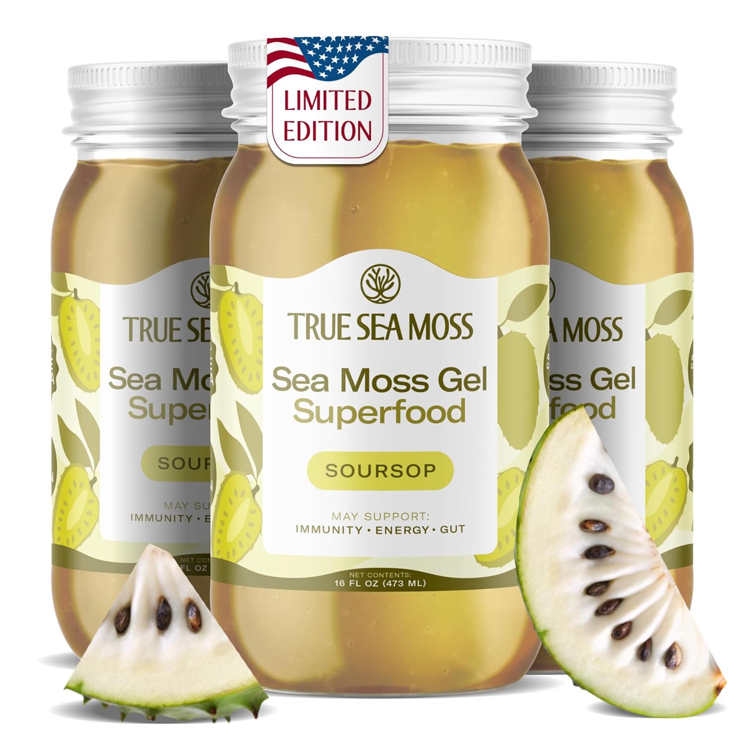 TrueSeaMoss Sea Moss Gel – Made in USA – Wildcrafted Seamoss, Fresh Fruits & Sea Vegetables – Soursop, Pack of 1 (Labels may Vary)