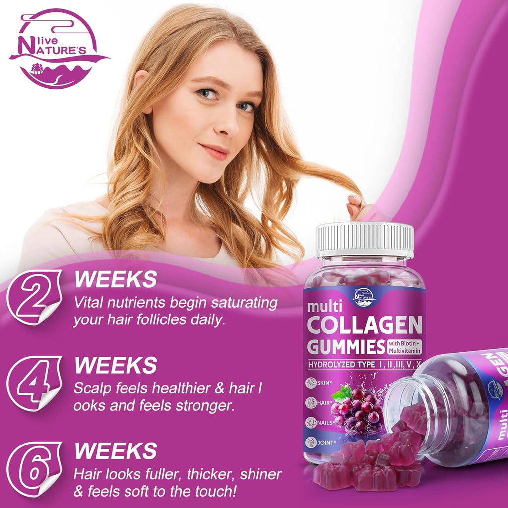 Nature's live Multi Collagen Peptides Gummies, Type I, II, III, V, X - Hydrolyzed Collagen Peptides Gummies, Supports Healthy Skin, Strong Nails & Thick Hair, Grape Blueberry Flavor, 60 Count, 2 Pack