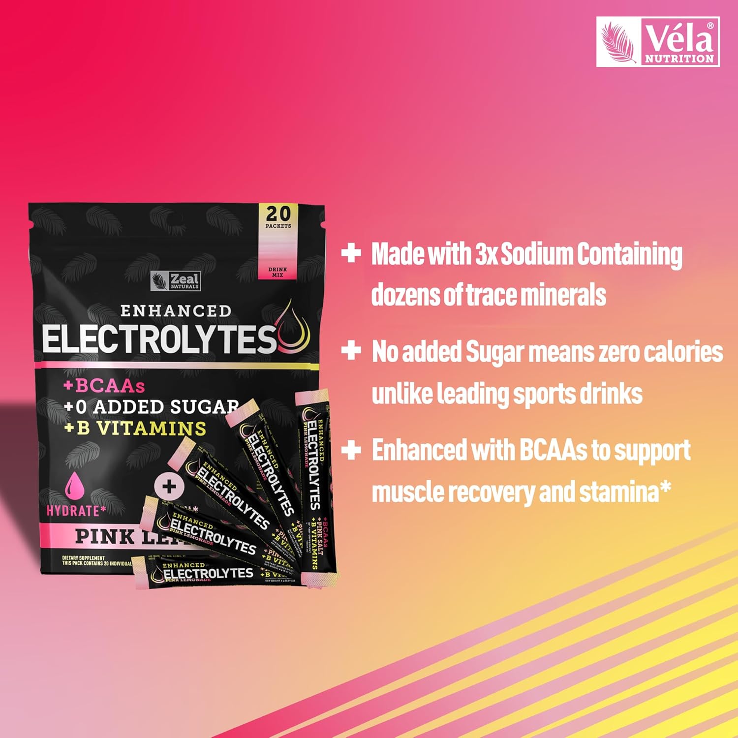 Zeal Naturals Enhanced Electrolyte Powder Stick Packs (Pink Lemonade - 20 Packets) Sugar Free + BCAA B-Vitamins & Pink Himalayan Salt - Keto Electrolytes, Hydration Powder