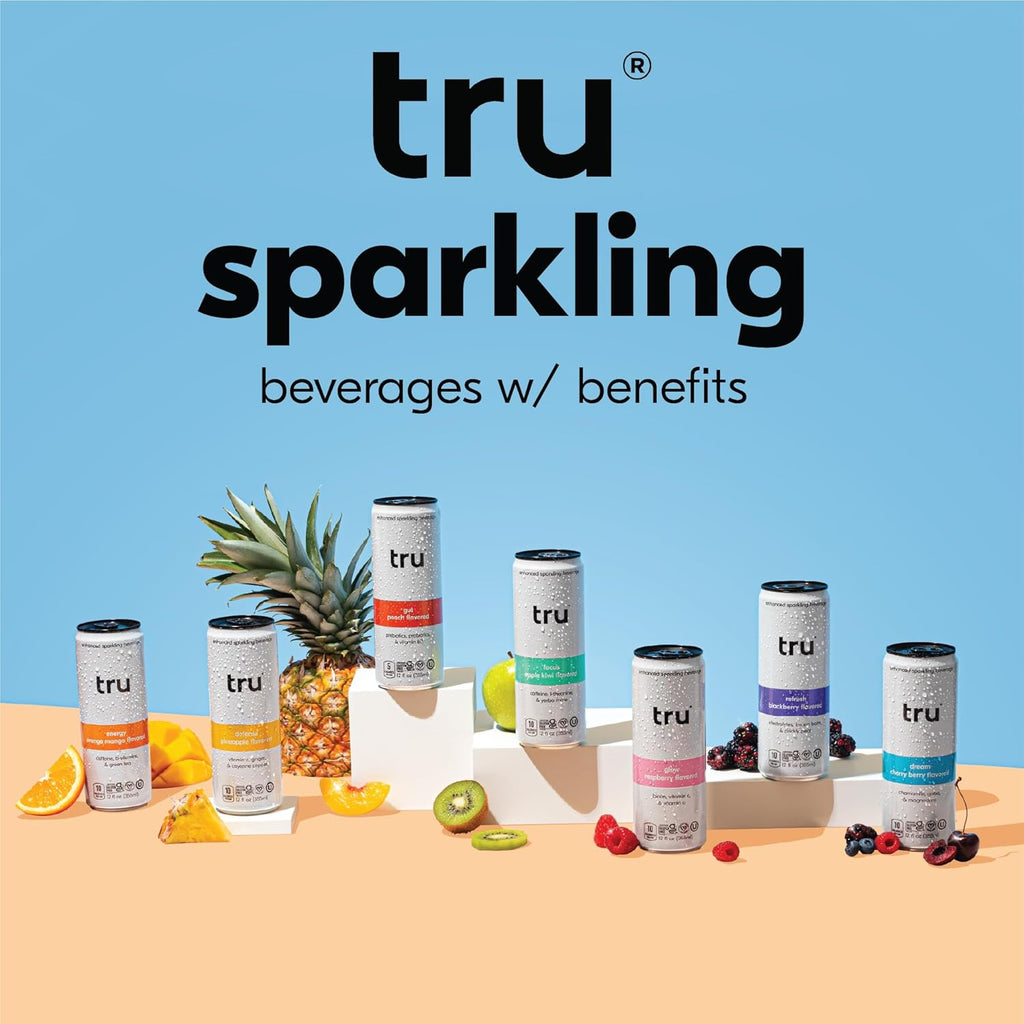 Tru Focus Seltzer, Sparkling Water with Green Tea Extract, Yerba Mate, L Theanine & Real Apple Kiwi Juice, Sweetened with Monk Fruit & Stevia, Gluten Free, Vegan, Sugar Free, 12 FL OZ Cans, 12 Pack