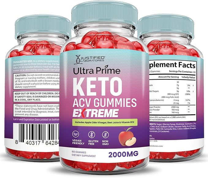(3 Pack) Ultra Prime Keto ACV Gummies Extreme 2000MG UltraPrime Keto Gummies Apple Cider Vinegar Formulated with Pomegranate Beet Juice Powder B12 Vegan Non GMO 180 Gummys