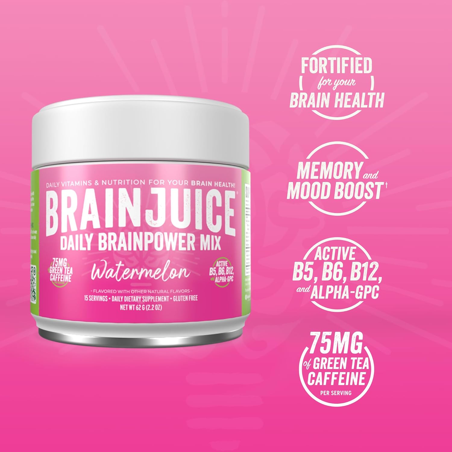BrainJuice Nootropics Brain Support Supplement, Gluten Free Powder for Energy and Focus, Drink Mix with L Theanine, Alpha GPC, Vitamin B, Organic Green Tea Extract Caffeine, Watermelon, 15 Servings
