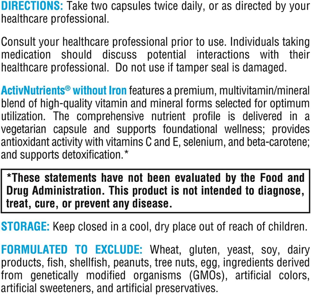 XYMOGEN ActivNutrients Without Iron - Multivitamin Multimineral for Wellness, Immune, Energy and Mood Support - Chelated Minerals + Active B Vitamins with Folate (120 Capsules)
