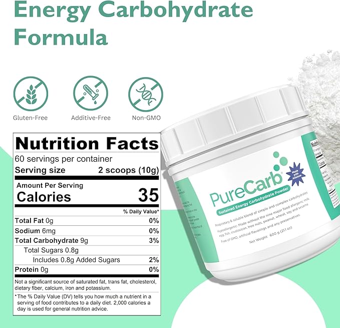 PureCarb Sustained Energy Carbohydrate, Post & Pre Workout Supplement Powder, Allergen-Free Energy Powder with Simple & Complex Carbohydrates, and Low Glycemic Index, 600g