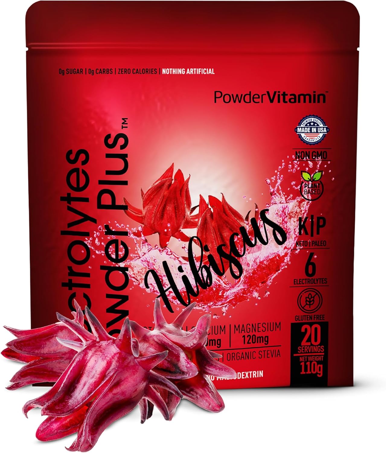 PowderVitamin Electrolytes Powder Plus (20 Servings) Hibiscus Electrolyte Powder, No Maltodextrin, Keto,Sugar Free,Pink Himalayan Salt,1000mg Potassium,120mg Calcium,120mg Magnesium,Hydration Powder