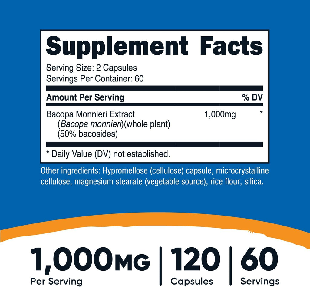 Nutricost Bacopa Monnieri 1,000mg, 120 Capsules (60 Servings) - Non-GMO, Gluten Free, and Vegetarian Friendly