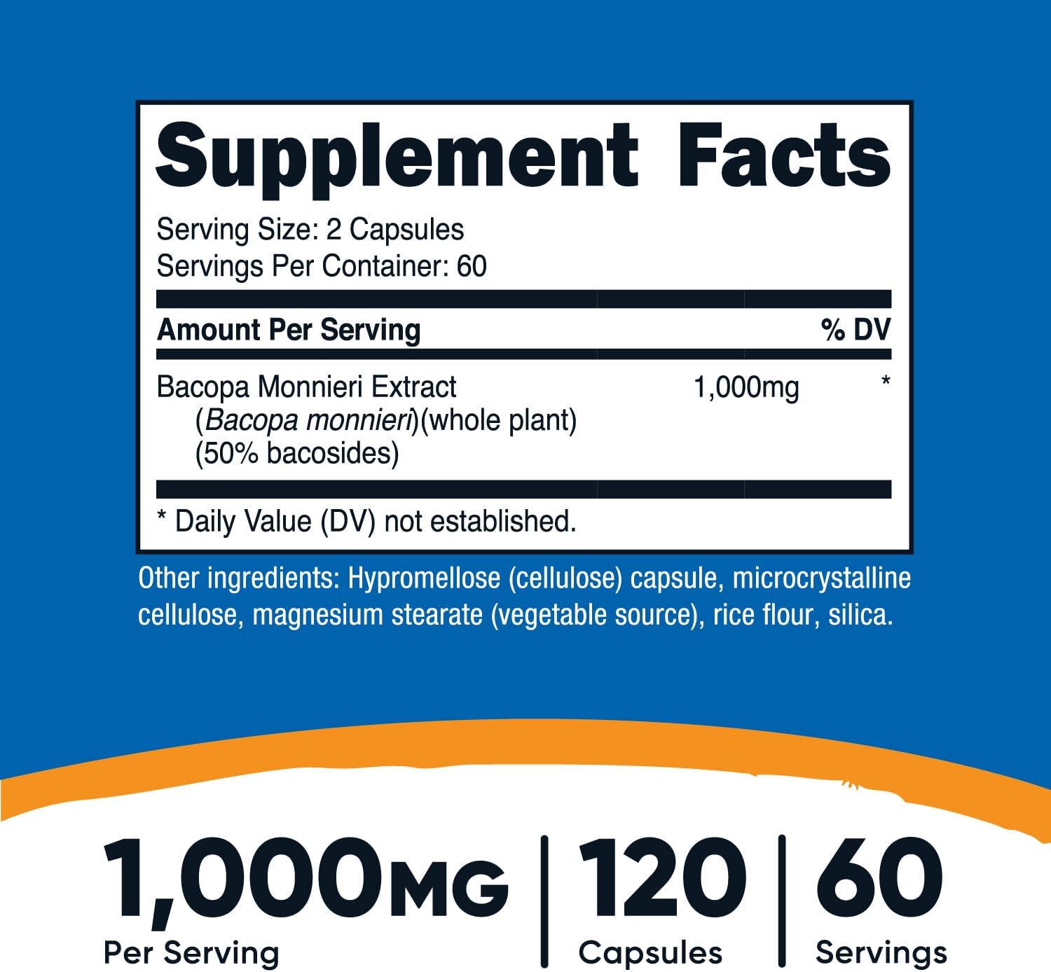 Nutricost Bacopa Monnieri 1,000mg, 120 Capsules (60 Servings) - Non-GMO, Gluten Free, and Vegetarian Friendly