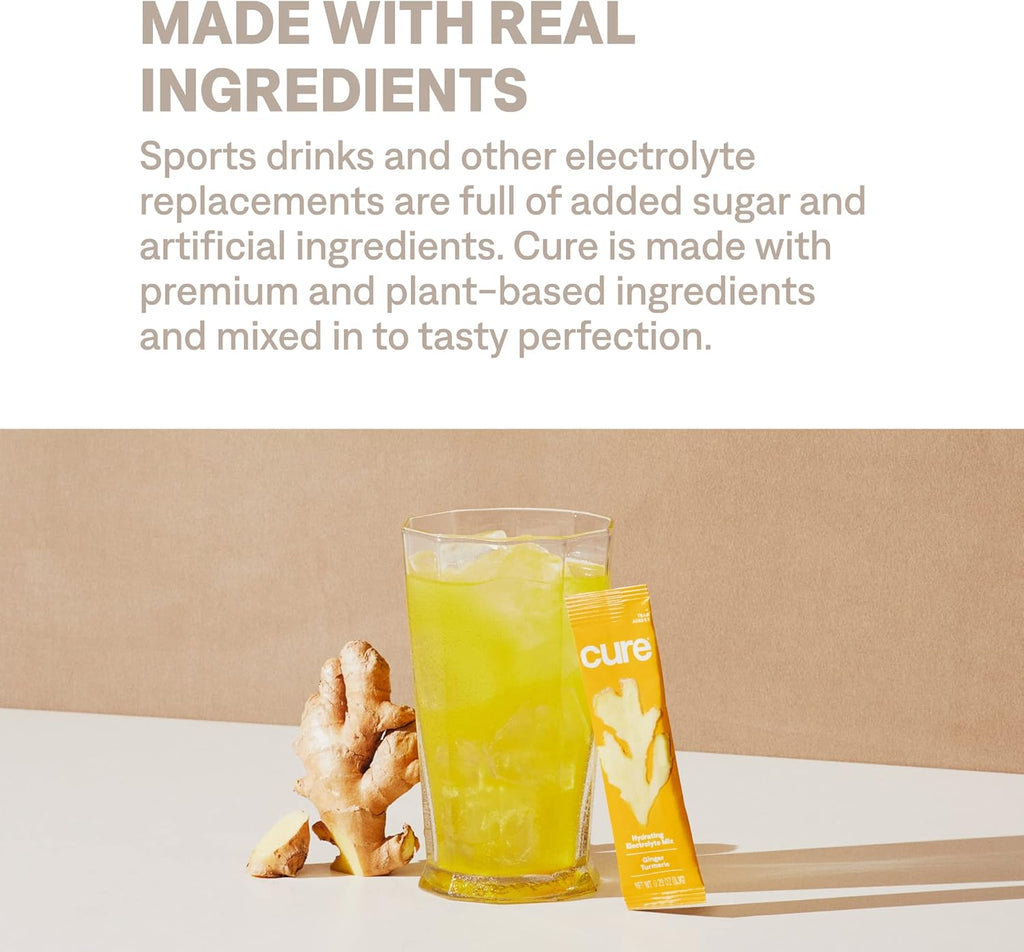 Cure Hydration | Plant-Based Electrolyte Drink Mix | No Added Sugar | FSA-HSA | Dehydration Relief Powder Made with Coconut Water | Non-GMO | Vegan | Pouch of 14 Packets - Ginger Turmeric