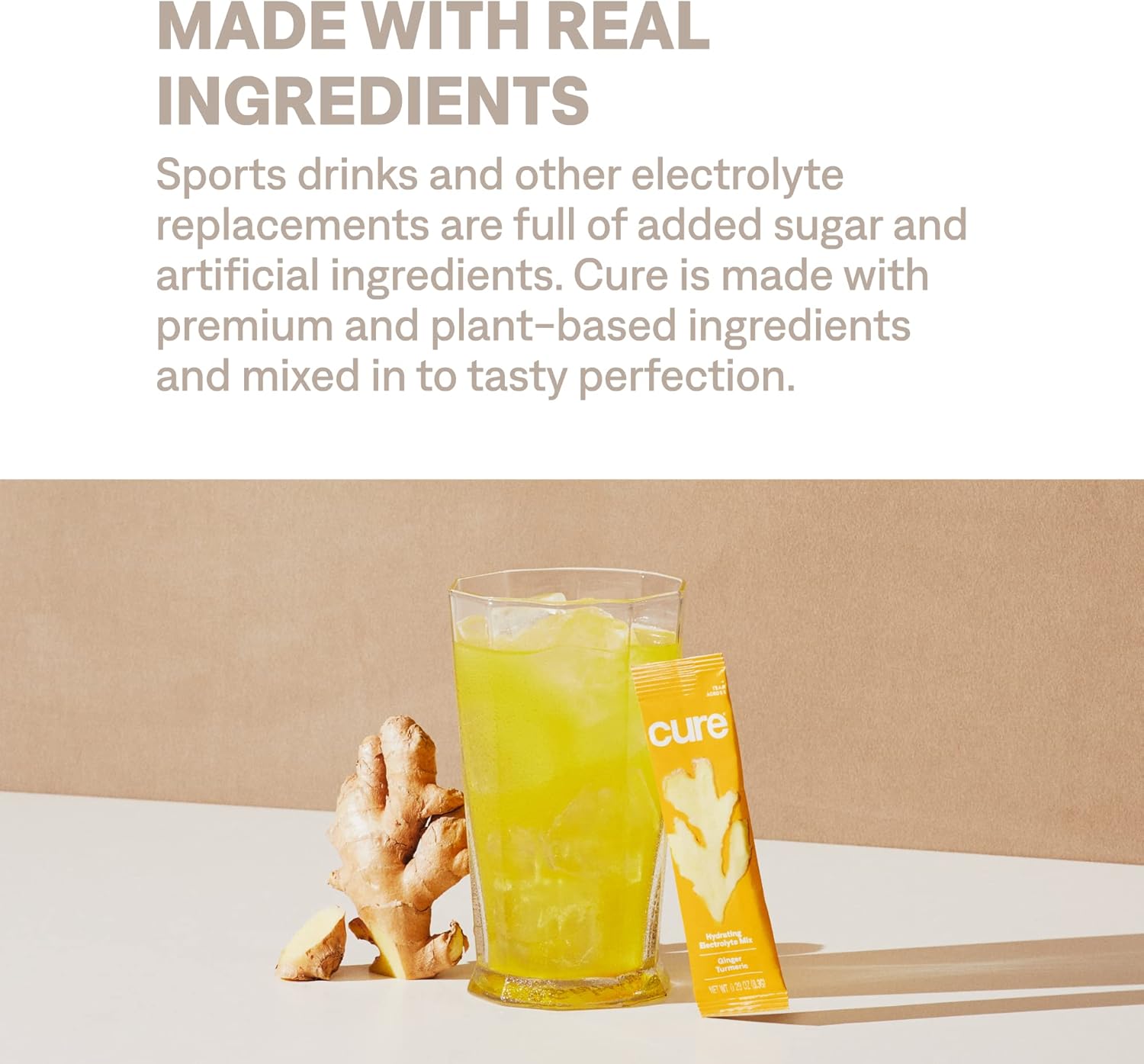 Cure Hydration | Plant-Based Electrolyte Drink Mix | No Added Sugar | FSA-HSA | Dehydration Relief Powder Made with Coconut Water | Non-GMO | Vegan | Pouch of 14 Packets - Ginger Turmeric