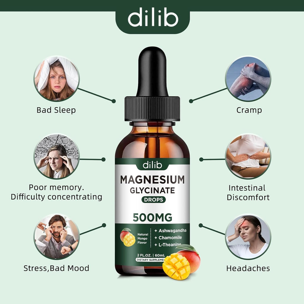Magnesium Glycinate Supplement, Magnesium Liquid Drops with Magnesium Glycinate 500mg Ashwagandha, L - Theanine, Chamomile -Support Stress Relief, Bone, Muscle, Mood Vegan Natural Mango Flavor