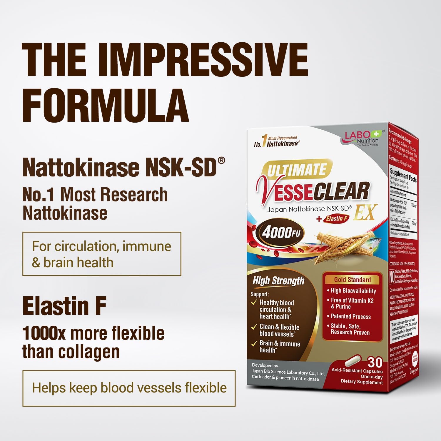 LABO Nutrition Ultimate VesseCLEAR EX Nattokinase NSK-SD 4000FU & Elastin F, Vessel Circulation & Brain Health Support, Japanese Supplement Shelf Stable Acid Resistant DRCaps Delayed Release Capsules