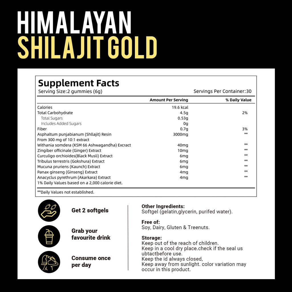 Himalayan Shilajit Gummies with Ashwagandha & Gokshura | 85+ Trace Minerals & Fulvic Acid | Organic, Non-GMO Micronutrient Supplement for Men & Women | 100% Pure & Natural