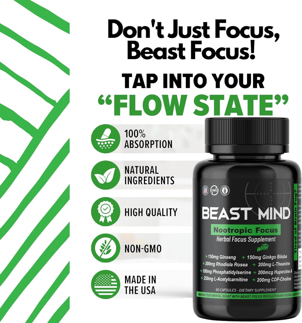 Beast Mind Focus Clarity Nootropic Blend | Ginkgo Biloba | Huperzine A | Rhodiola | Citicoline | L-Theanine | Enhanced Focus & Clarity & Cognitive Function Labs