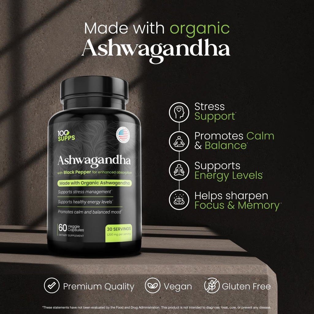 Ashwagandha with Black Pepper – 1,200 mg | 60 Veggie Capsules, 30-Day Supply | Made with Organic Ashwagandha, Gluten-Free, Manufactured in USA