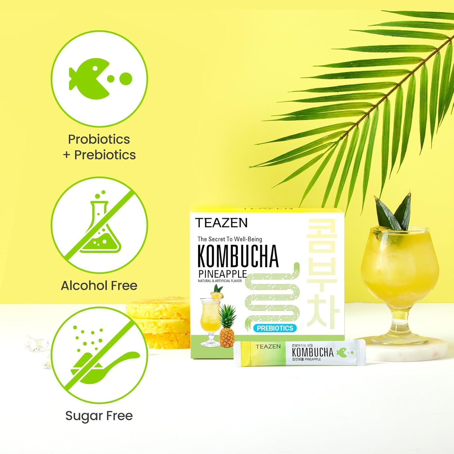 TEAZEN Pineapple Kombucha Tea, Hydration Drink Mix, Sugar Free, Live Probiotics & Prebiotics, 30 Sticks, 5.29oz
