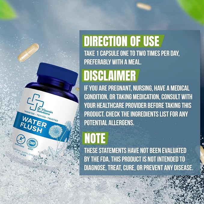 Diuretic Water Pills - Water Flush - Debloating for Women and Men, Relief from Swelling, Water Retention - Green Tea, Dandelion Leaf and Cranberry Powder Detox (1 Bottle, 50 Capsules)