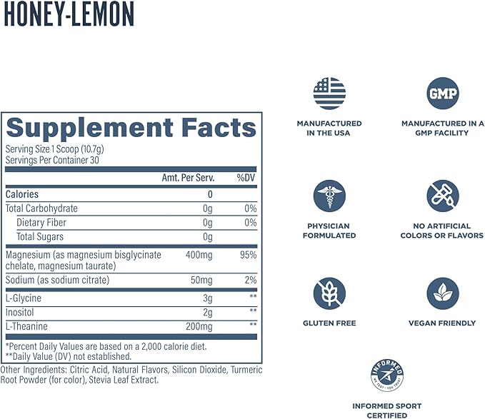 Revive MD Melatonin-Free Sleep Support Supplement for Adults, Honey Lemon - Natural Sleep Aid Supplements with Magnesium (Glycinate), Inositol & L-Theanine for Deep Relaxation (30 Servings)