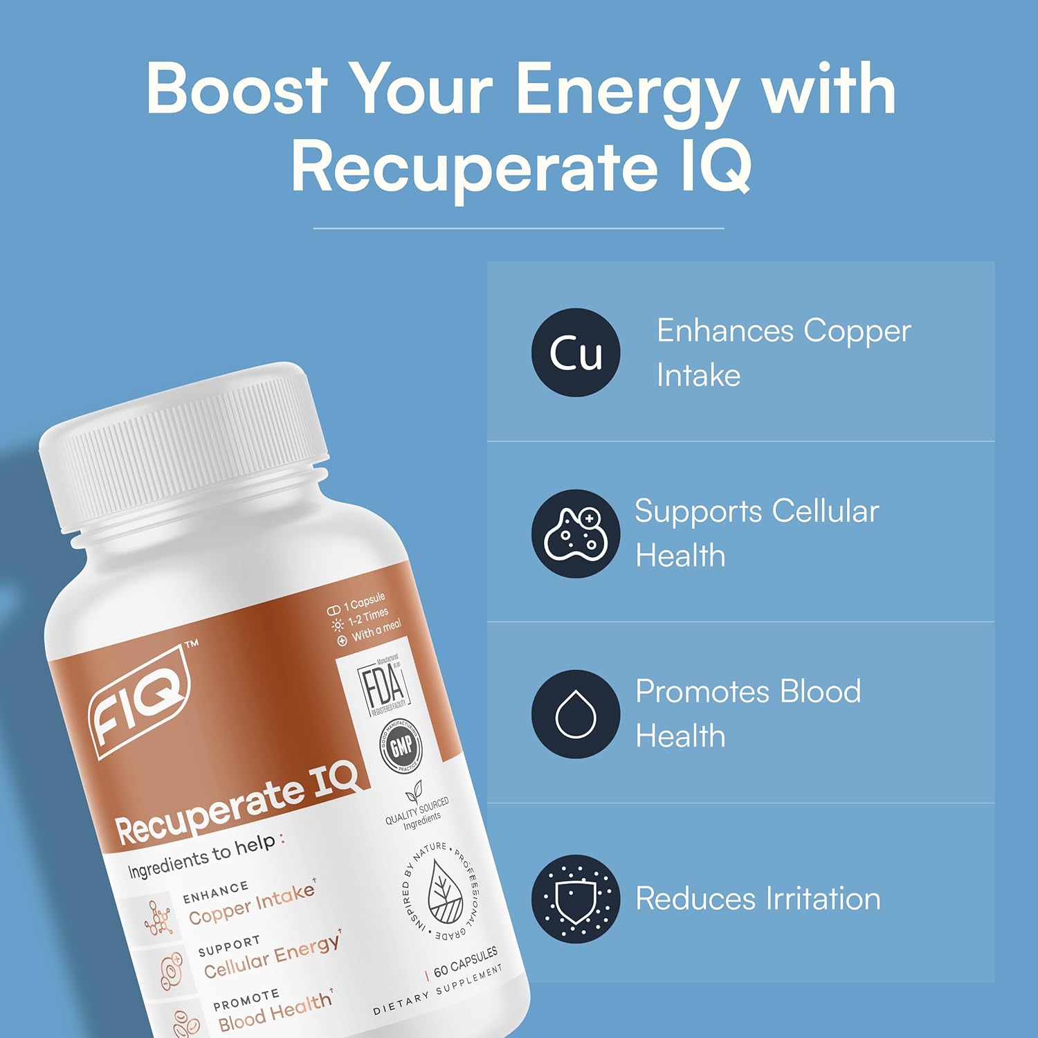 FIQ - Recuperate IQ - 5-in-1 Copper Supplements with Copper Bisglycinate - Easy-to-Swallow 2mg Capsules - High Absorption, Boosts Energy - 60 Capsules