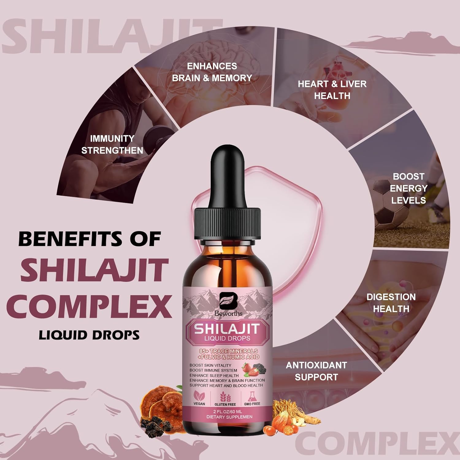 Shilajit Resin Liquid Drops for Men and Women with Ashwagandha, Turmeric, Ginseng, Chaga, 85+ Trace Minerals Fulvic Acid Shilajit Complex for Digestion Support, Energy Booster - Vegan