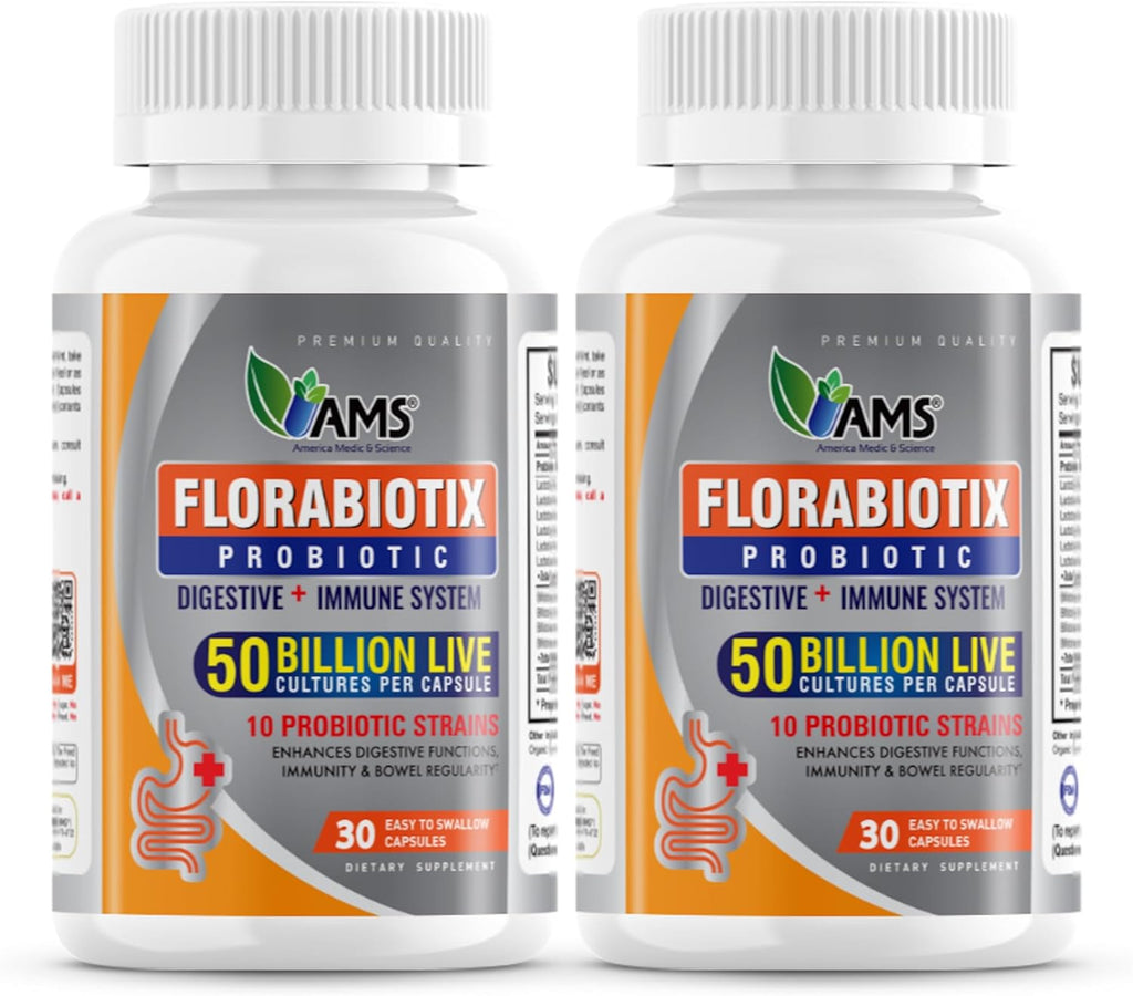America Medic & Science Florabiotix Probiotic (60 Capsules) | Dietary Supplement for Men and Women| 50 Billion Live Cultures | 10 Probiotic Strains | Supports Digestive and Immune Health (Pack of 2)