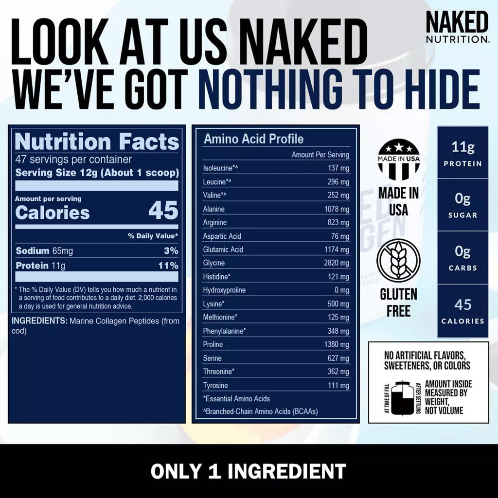 NAKED Marine Collagen Peptides Protein Powder - Unflavored - from Wild Caught Cod - Paleo Friendly, Non-GMO, Soy-Free, Gluten-Free - 47 Servings