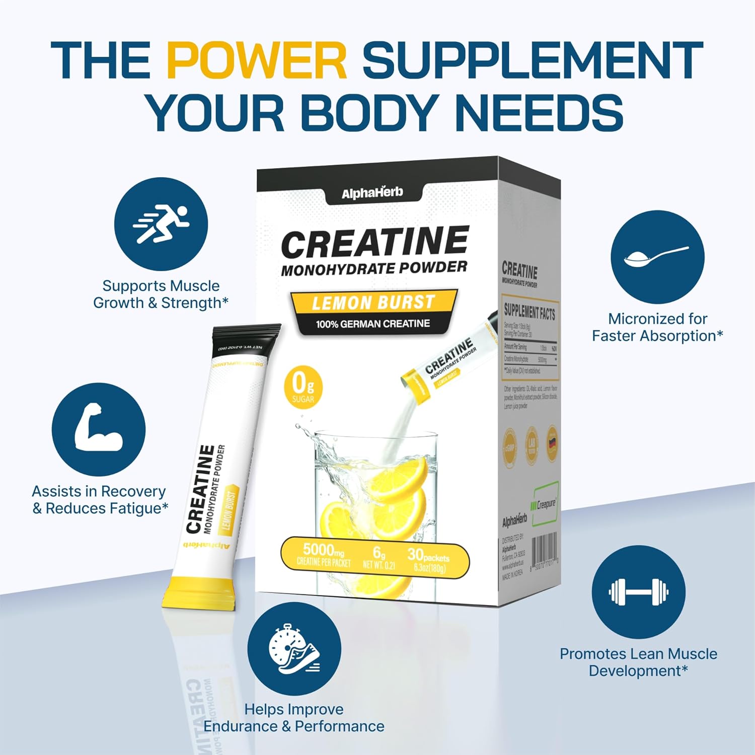 Creatine Monohydrate Powder – Creapure® German-Sourced, Lemon Flavour, 30 Stick Creatine Packs, 5000mg Each | No Sugar, No Fillers, Gluten-Free