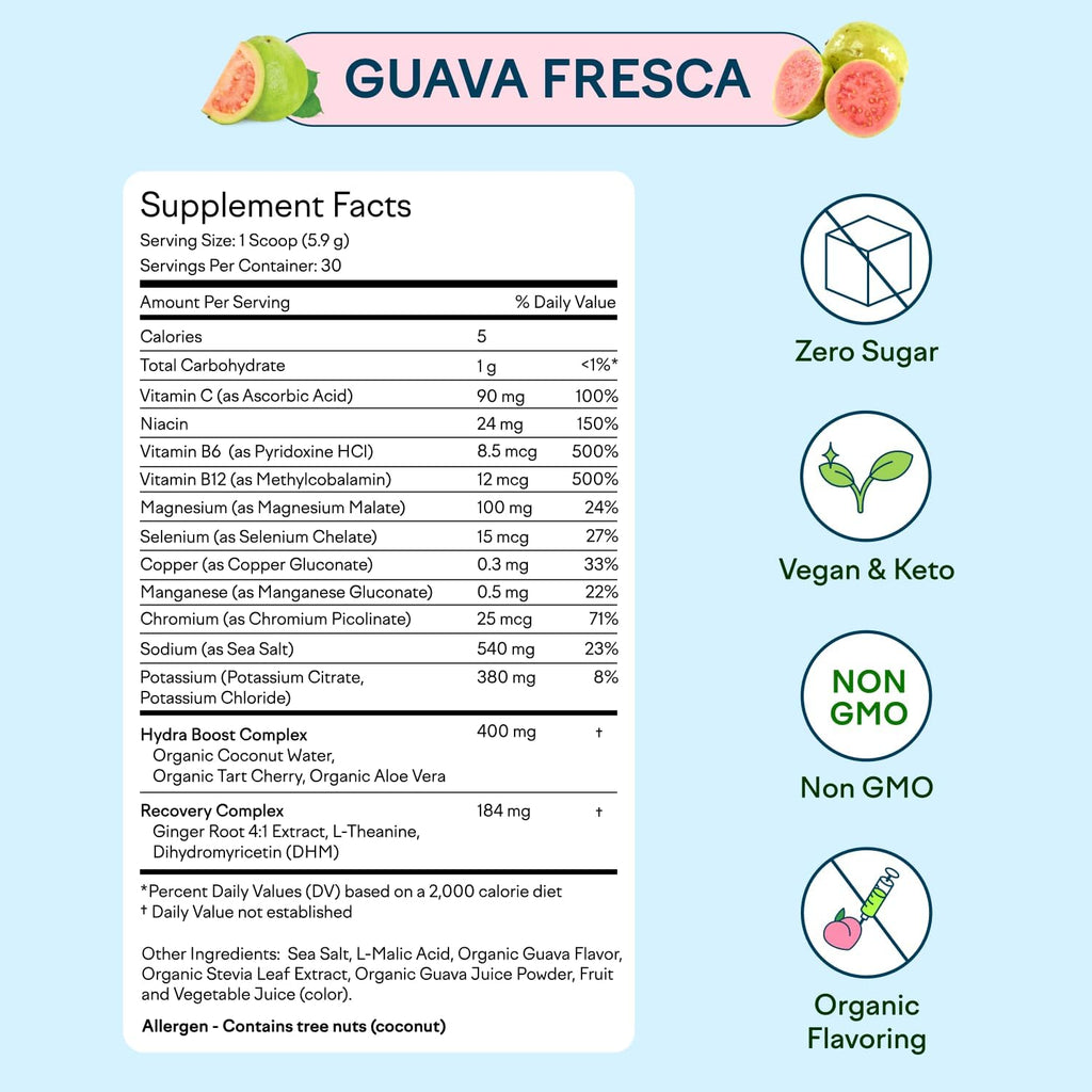 Feel Goods Hydration Hero, 1,000mg Electrolytes Powder, Sugar Free, Magnesium, Organic Aloe Vera, Organic Aloe, L Theanine, Vitamin C & B12, Non GMO, Keto, Vegan | Guava Fresca, 30 Servings
