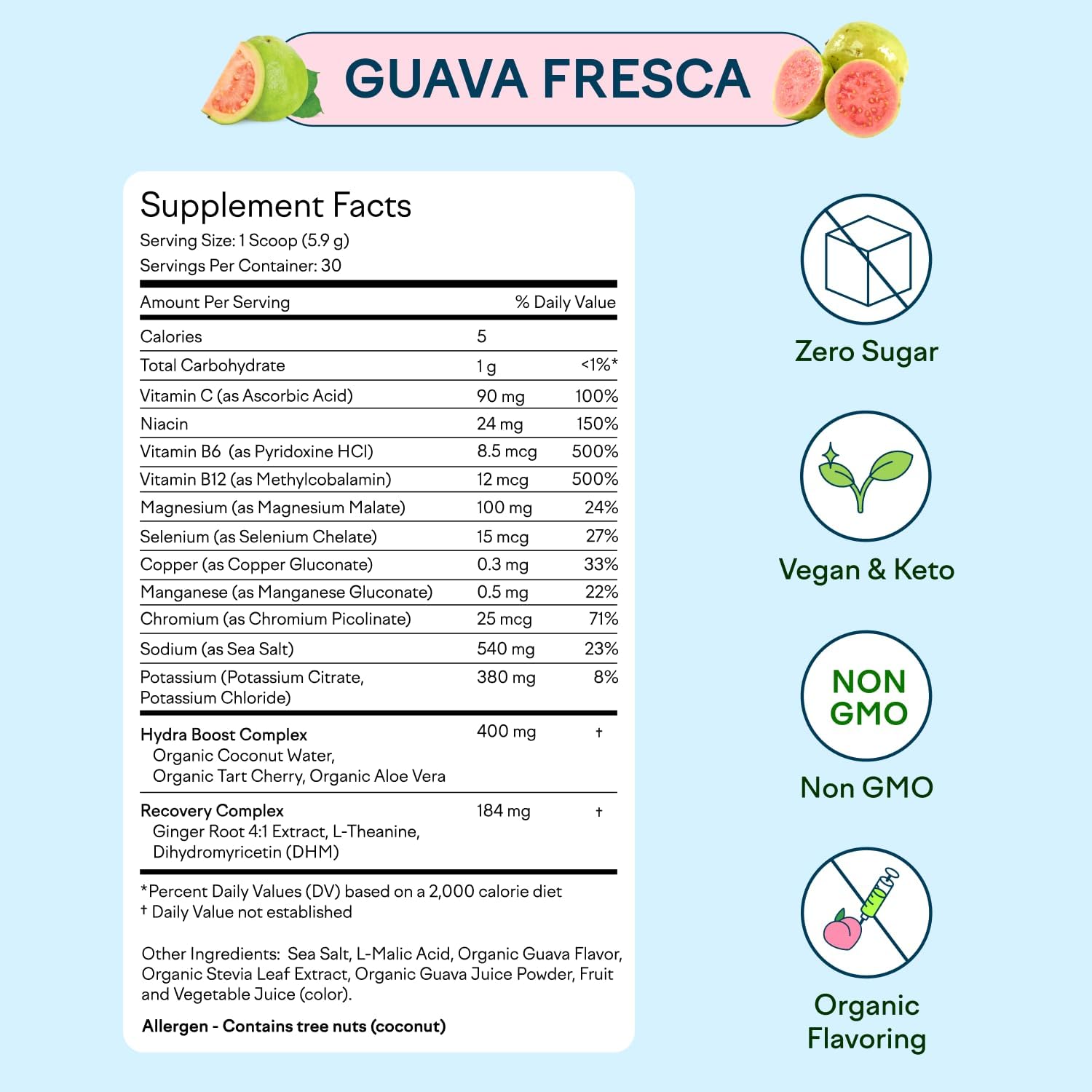 Feel Goods Hydration Hero, 1,000mg Electrolytes Powder, Sugar Free, Magnesium, Organic Aloe Vera, Organic Aloe, L Theanine, Vitamin C & B12, Non GMO, Keto, Vegan | Guava Fresca, 30 Servings
