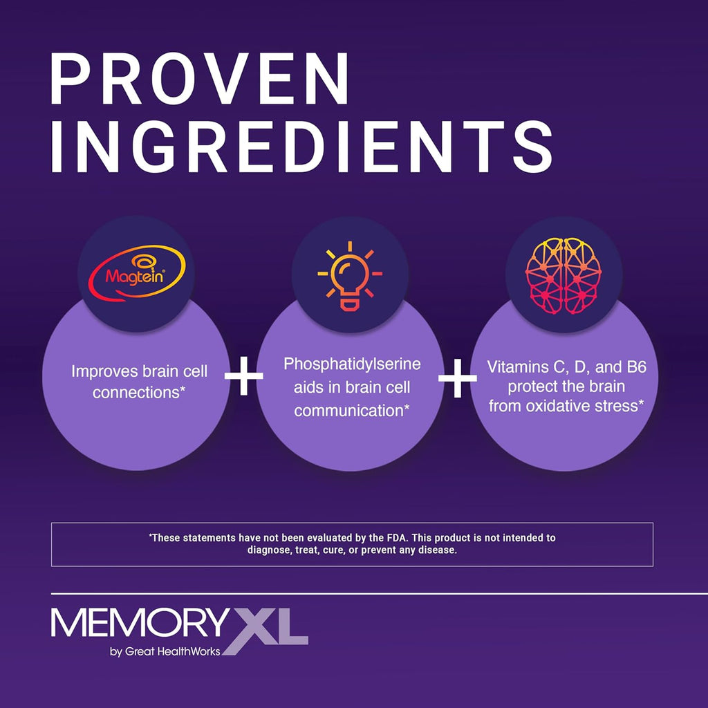 MemoryXL, Magnesium L-Threonate: Brain Supplement for Memory & Focus; Magtein®, Phosphatidylserine, Vitamin Mix. Improves Memory Focus Attention Learning & Logic. 0 Sugar, 0 Cal, 30pk Cranberry Lemon