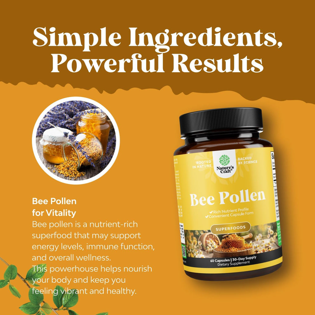 Bee Pollen Pills for Breast Growth 60 Ct - Bee Pollen Supplement 1000mg Serving with Naturally Occurring B Vitamins Minerals & Enzymes - Breast Support Supplement - Vegetarian, Non-GMO & Gluten Free