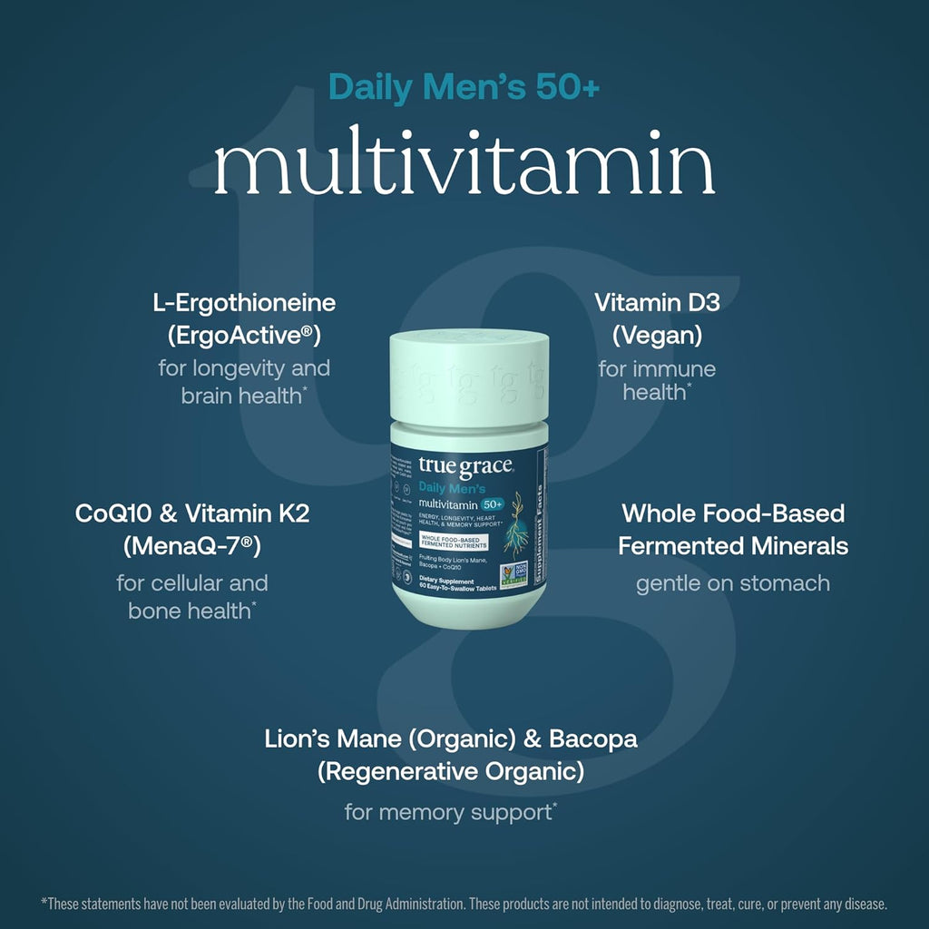 True Grace Daily Men’s Multivitamin 50+ - 60 Easy-to-Swallow Tablets - Immune, Energy, Longevity & Memory Support - Gluten Free, Soy Free, Vegan - 30 Servings