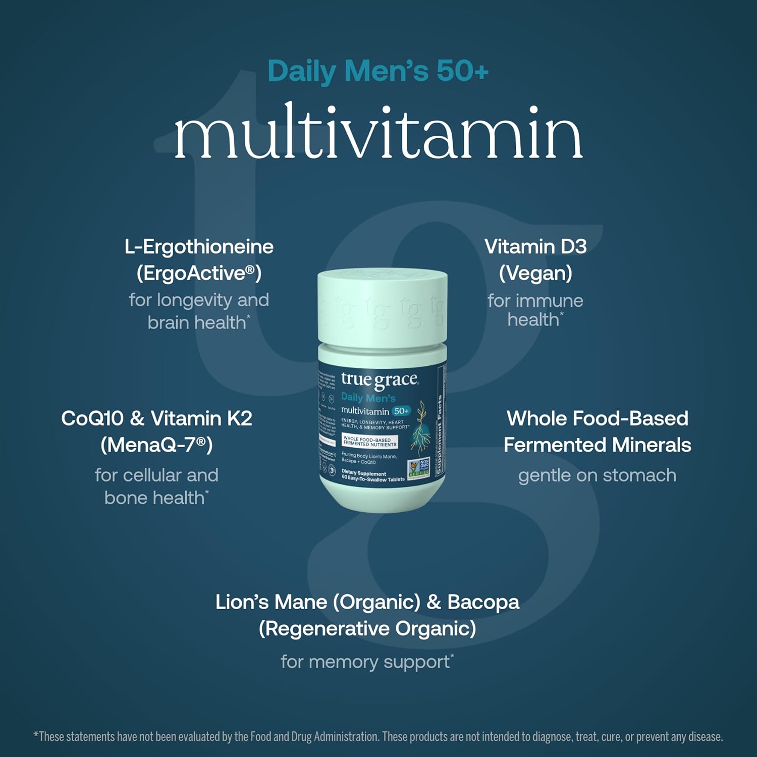 True Grace Daily Men’s Multivitamin 50+ - 60 Easy-to-Swallow Tablets - Immune, Energy, Longevity & Memory Support - Gluten Free, Soy Free, Vegan - 30 Servings
