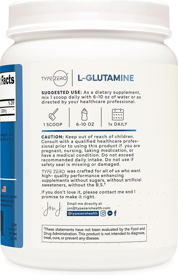 Type Zero L Glutamine Powder, 200 Servings of 5000mg - 6 Month Supply, for Gut Health, Gastrointestinal Lining Support & Recovery for Women/Men - Vegan, Gluten Free, No Fillers, Unflavored