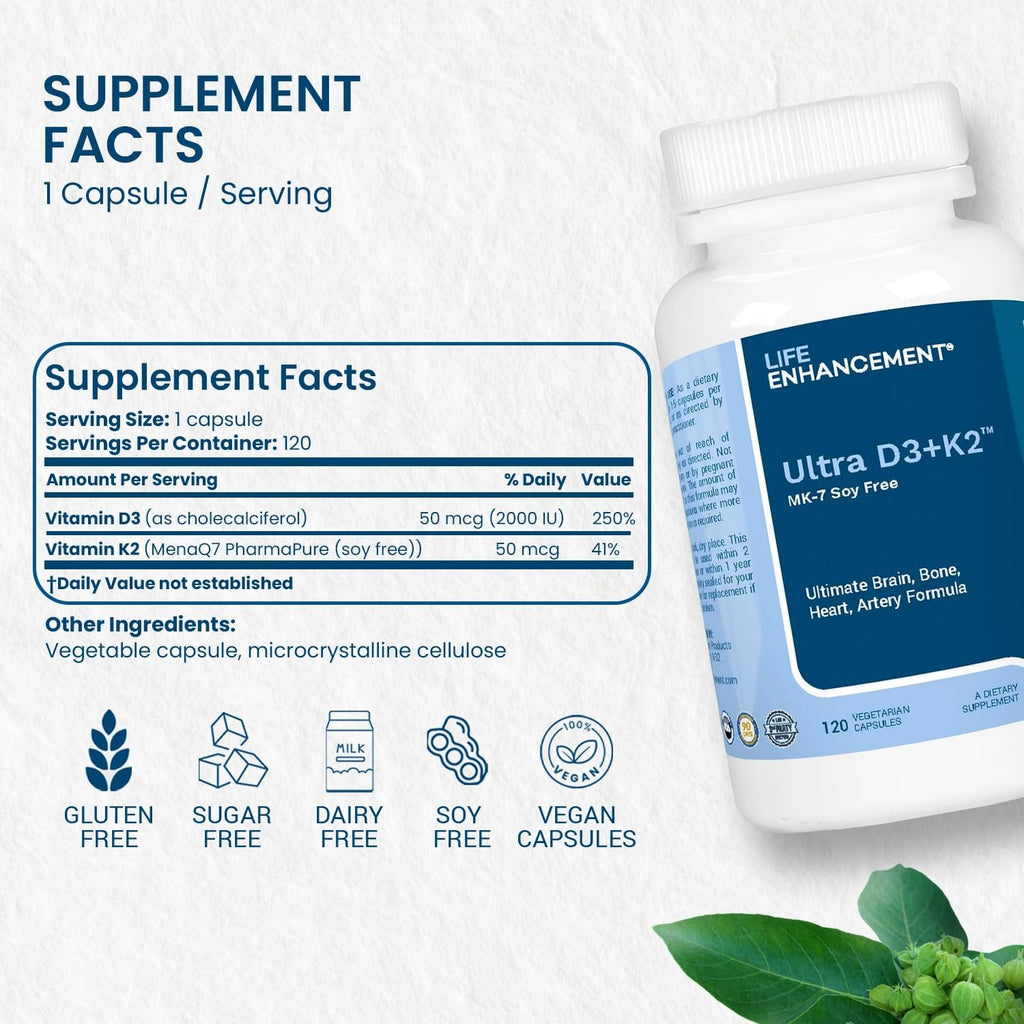 Life Enhancement Vitamin D3 K2 2000iu Supports Muscle & Brain Health - D3 K2 Supplement Helps in Immune and Cardiovascular Support - Made in USA (120 Vegetarian Capsules)