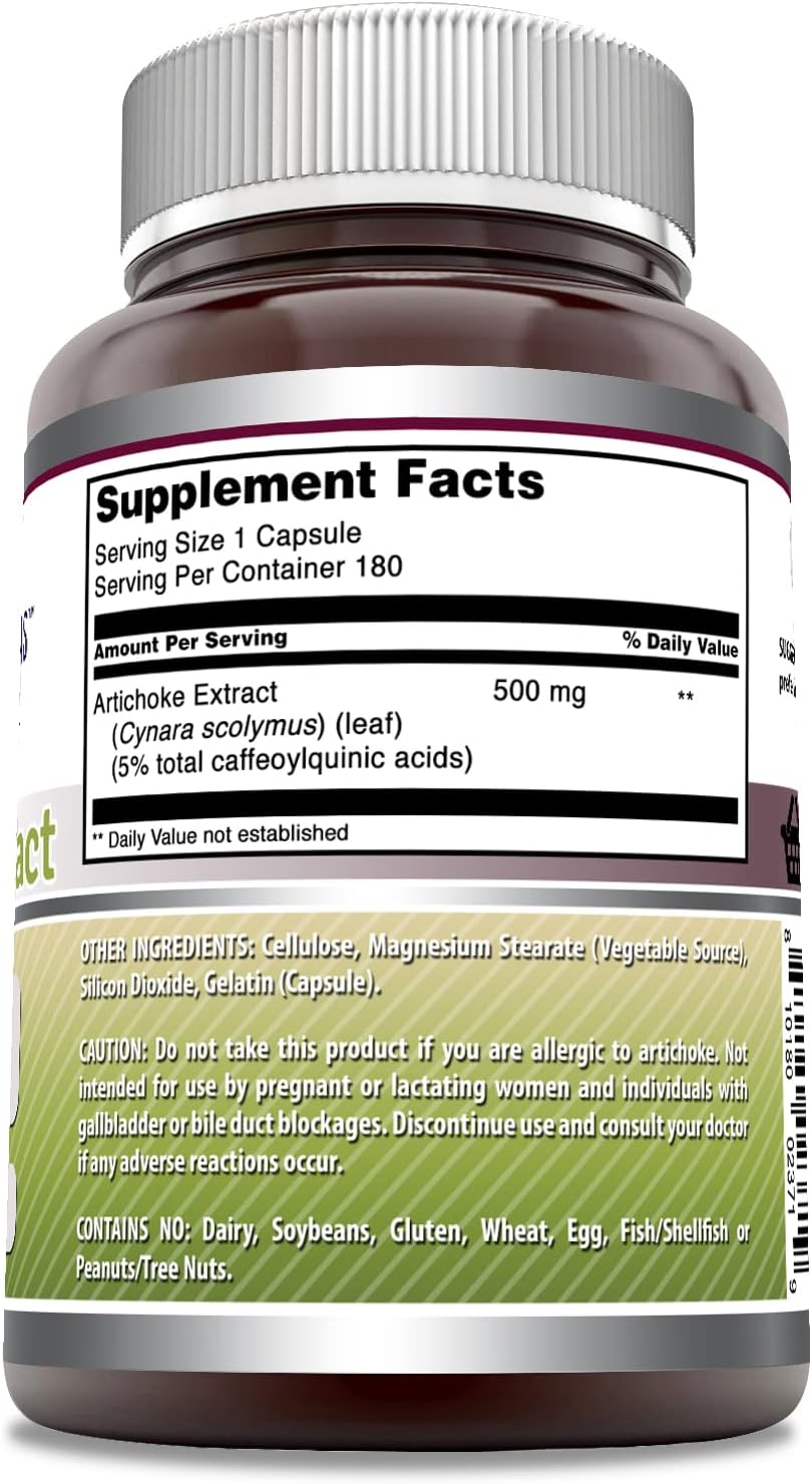 Amazing Formulas Artichoke Extract Supplement | Cynara Scolymus Leaf Capsules| 500 Mg | Capsules | Non-GMO | Gluten Free | Made in USA (1 Pack, 180 Count)