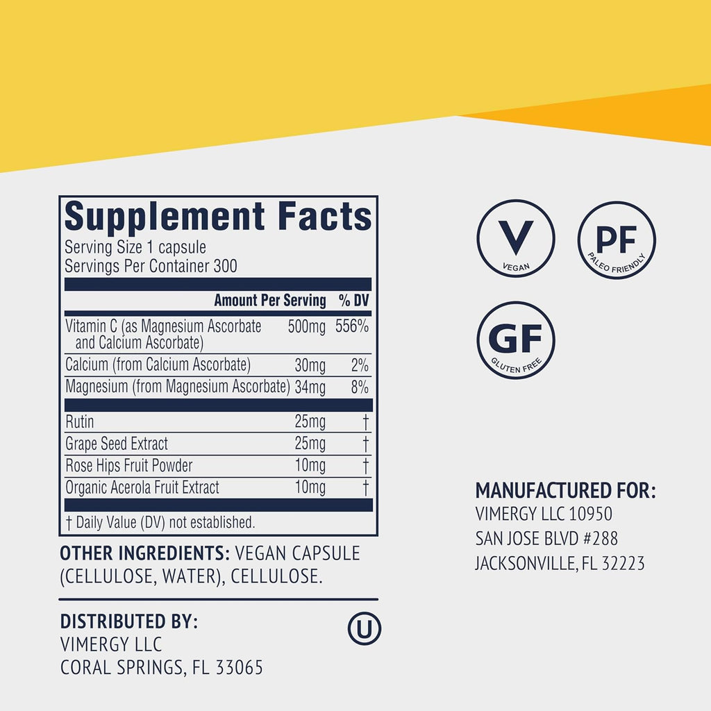 Vimergy Micro-C® Vitamin C Capsules – 500mg per Capsule, Supports Immune Health*, Promotes Collagen Production, Supports Healthy Bones*, Kosher, Vegan & Gluten-Free, Value Size 300 Capsules