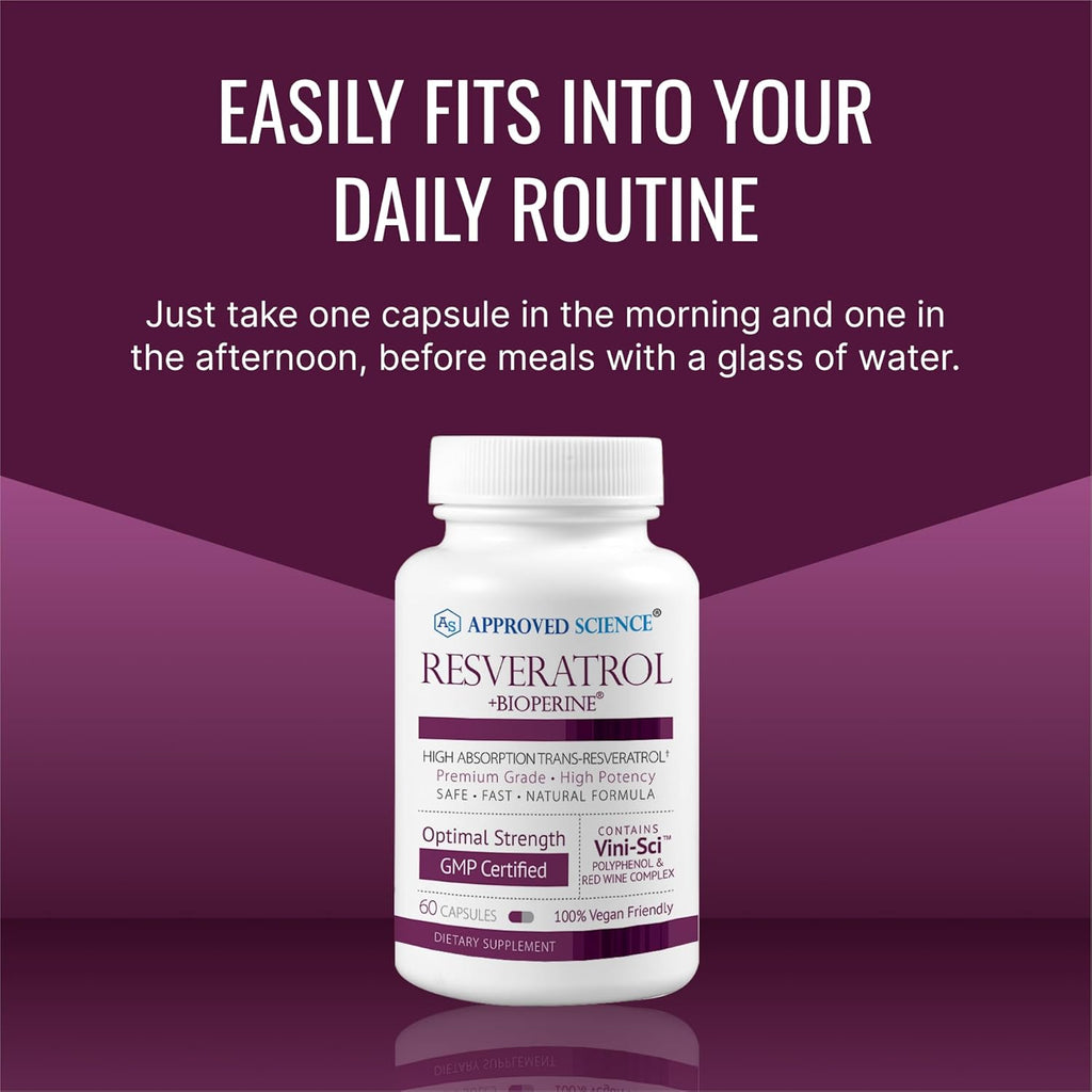 Approved Science® Resveratrol - 1000 mg of Trans Resveratrol - 250 mg of Polyphenol - 98% Purity Level - Includes Bioperine® - 60 Vegan Friendly Capsules - 1 Bottle