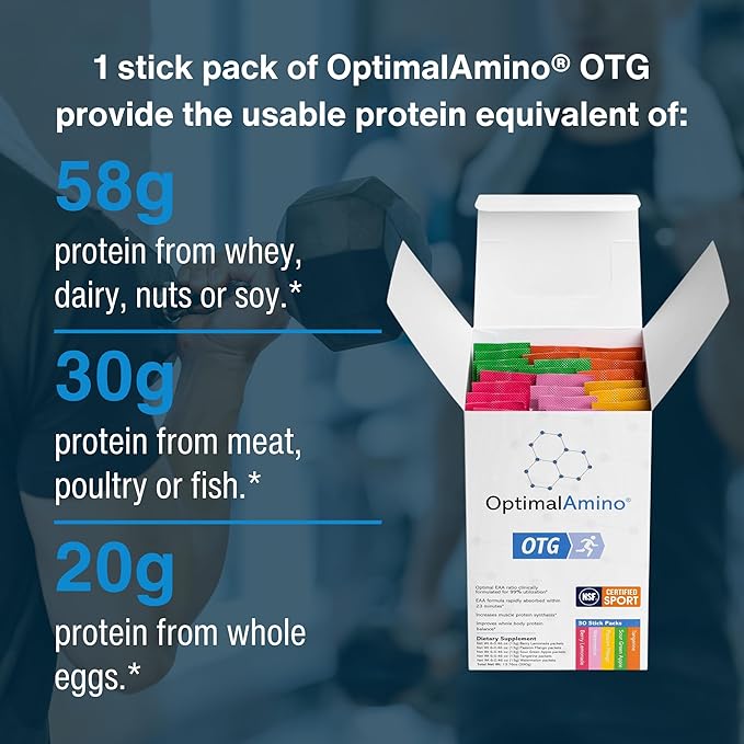 OptimalAmino OTG Stick Packs, 5 Flavor Variety Box (30 Count), 99% Utilized Essential Amino Acid (EAA) Supplement, Increase Muscle Recovery, Vegan/Keto Pre/Post Workout, NSF Certified for Sport