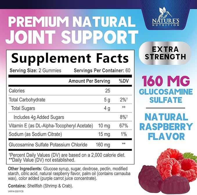 Joint Support Gummies - Glucosamine Plus Vitamin E Nature's Joint Support Supplement for Occasional Discomfort for Back, Knees & Hands - Cartilage & Joint Health & Flexibility Support - 120 Gummies