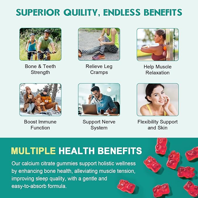 Sugar Free Calcium Citrate 1200mg with Vitamin D3 Supplements Gummies, Calcium Gummies with Vitamin D3, K2 for Women & Men, Raspberry Flavor, 60 Day Supply