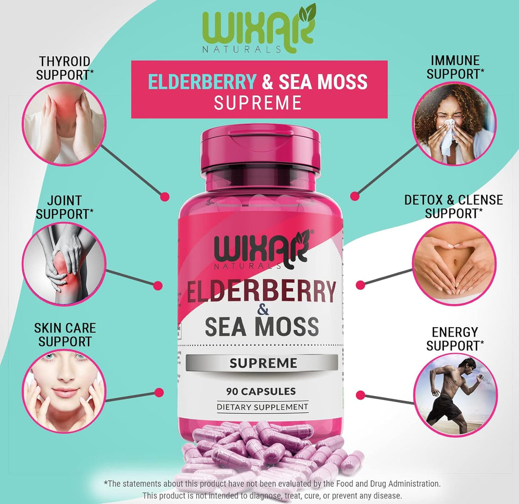 Elderberry and Sea Moss Supreme Capsules - Natural Black Elderberries with Wildcrafted Sea Moss Pills - 90 Capsules - Antioxidants - Herbal Supplements - Immune Support Supplement