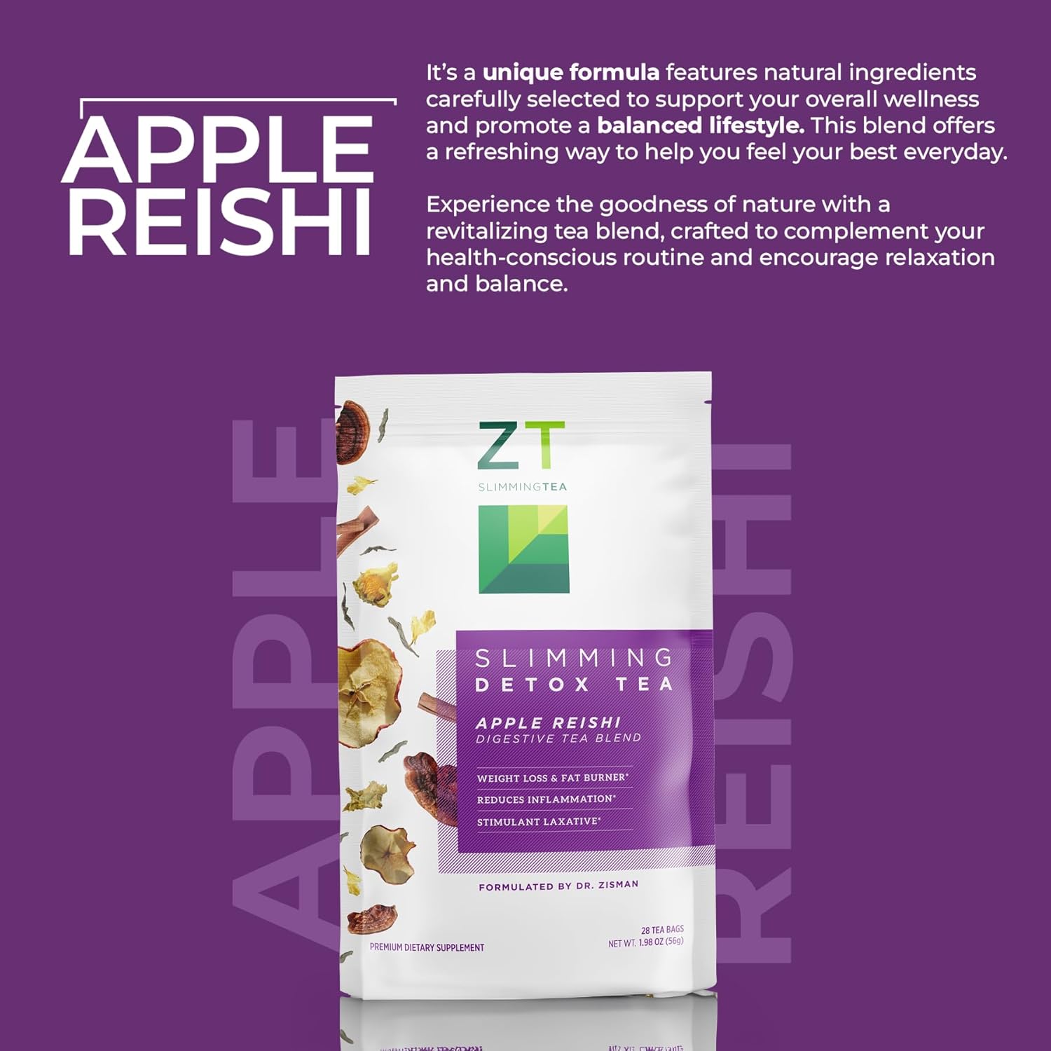 Dr. Zisman ZT Wellness Tea - Apple Reishi Herbal Blend - Refreshing Tea for Daily Balance (28 Bags), Crafted for a Vibrant Lifestyle