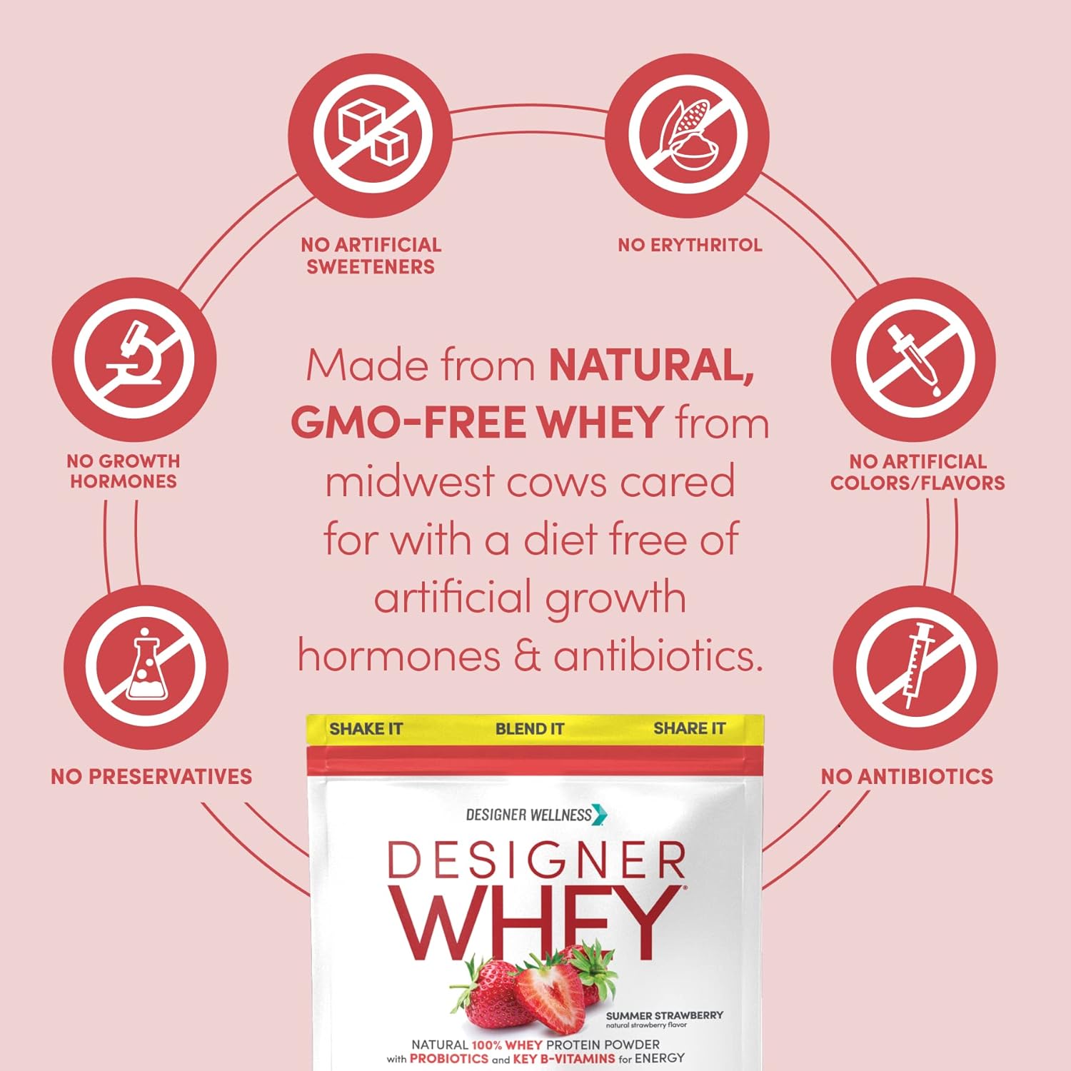 Designer Wellness, Designer Whey, Natural Whey Protein Powder with Probiotics, Fiber, and Key B-Vitamins for Energy, Gluten-Free, Summer Strawberry, 2 lb
