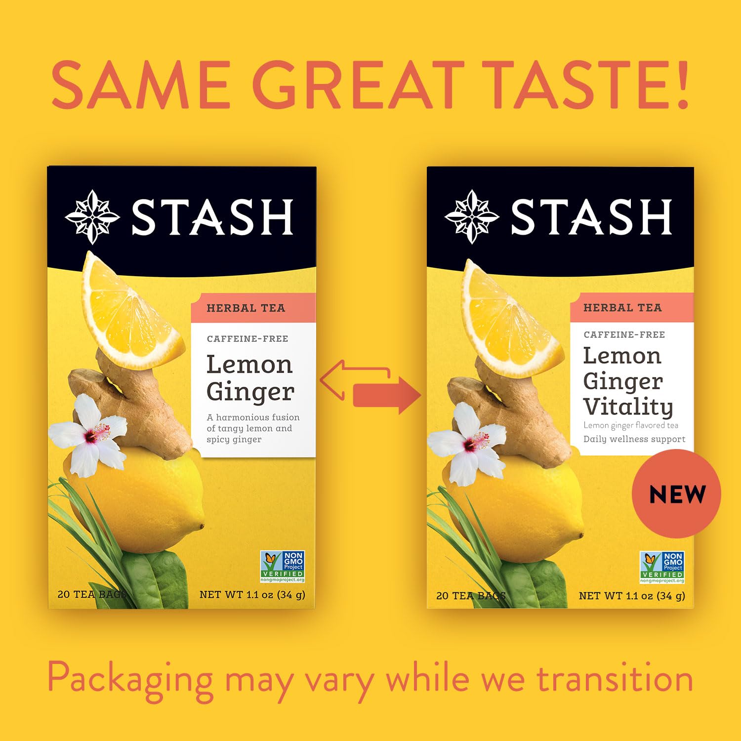 Stash Tea Lemon Ginger Vitality Herbal Tea - Naturally Caffeine Free, Non-GMO Project Verified Premium Tea with No Artificial Ingredients, 20 Count (Pack of 6) - 120 Bags Total